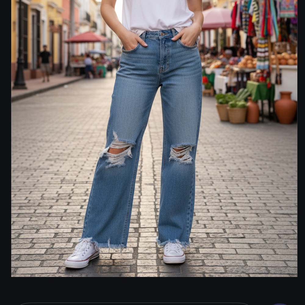 Trendy Blue Distressed Wide Leg Jeans